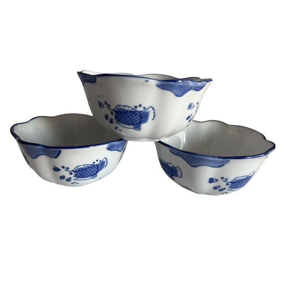 Set/3 Handpainted Fish Bowl Scalloped Edge Made in Brazil 4.5"D x 2"H Blue White - Picture 14 of 14